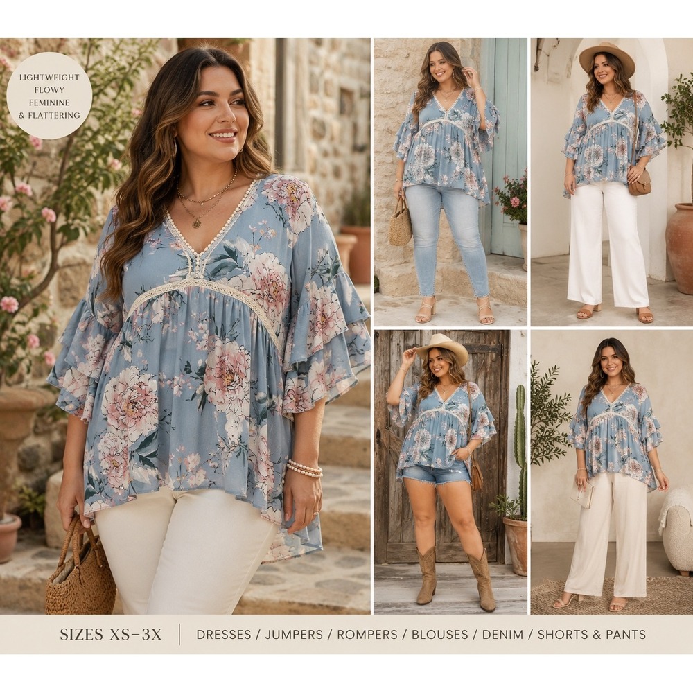 Umgee Floral Babydoll Tunic Top Blue Pink Ruffle Bell Sleeve Boho L